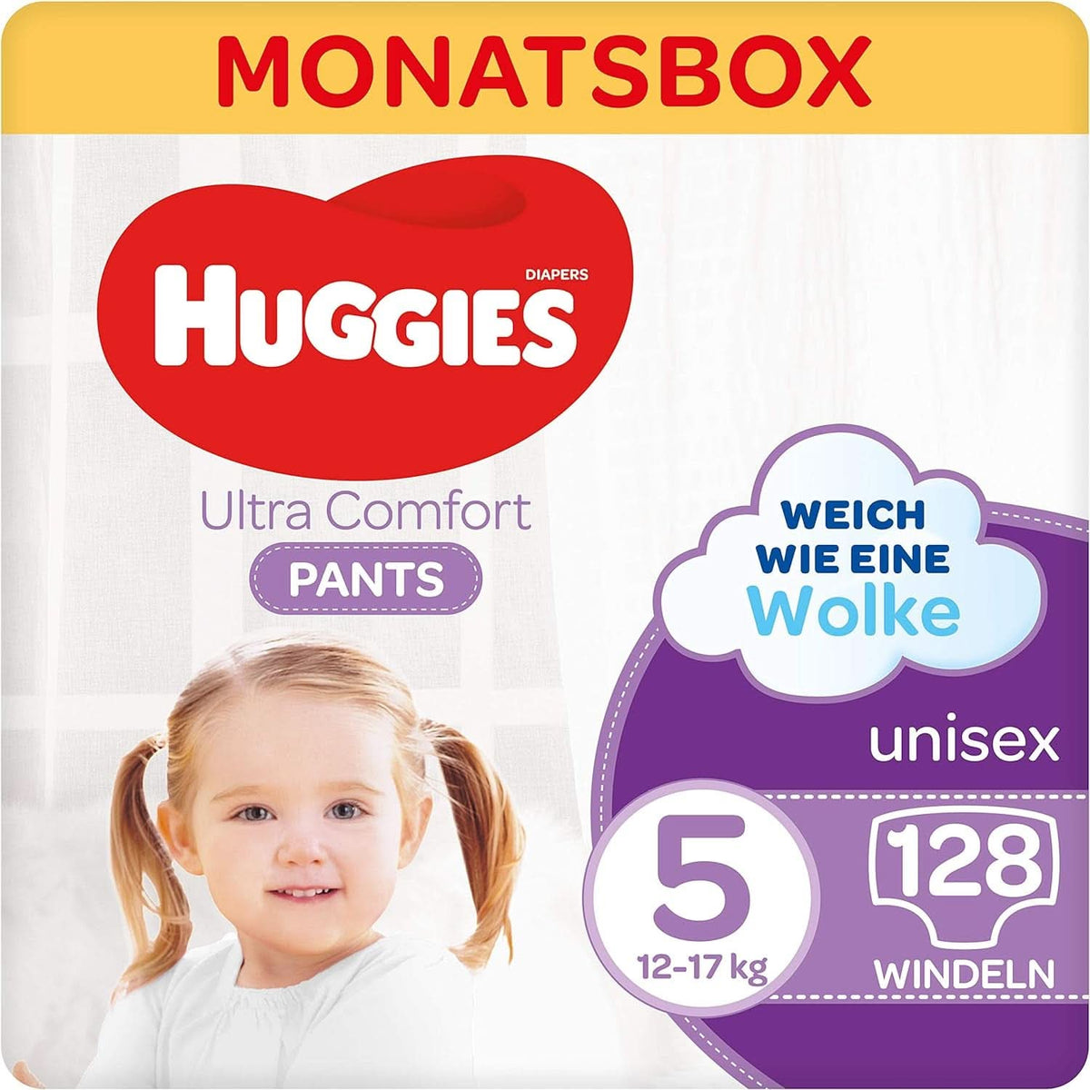 Pantalon Huggies Ultra Comfort, taille 5, 12-17 kg, Pour les enfants actifs, Avec indicateur d'humidité et technologie de ceinture nuageuse, 128 couches Mère et Enfant Naty Shop