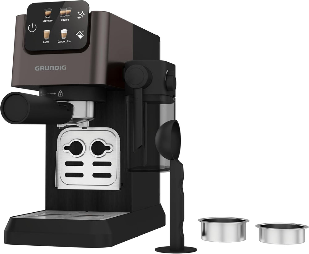 Espressor portafilter GRUNDIG KSM 5330 cu recipient de lapte integrat, putere 1628 W, presiune pompă 15 bar, duză dublă, afișaj tactil color, BrewSense, CreamyPro, Inox închis/Negru