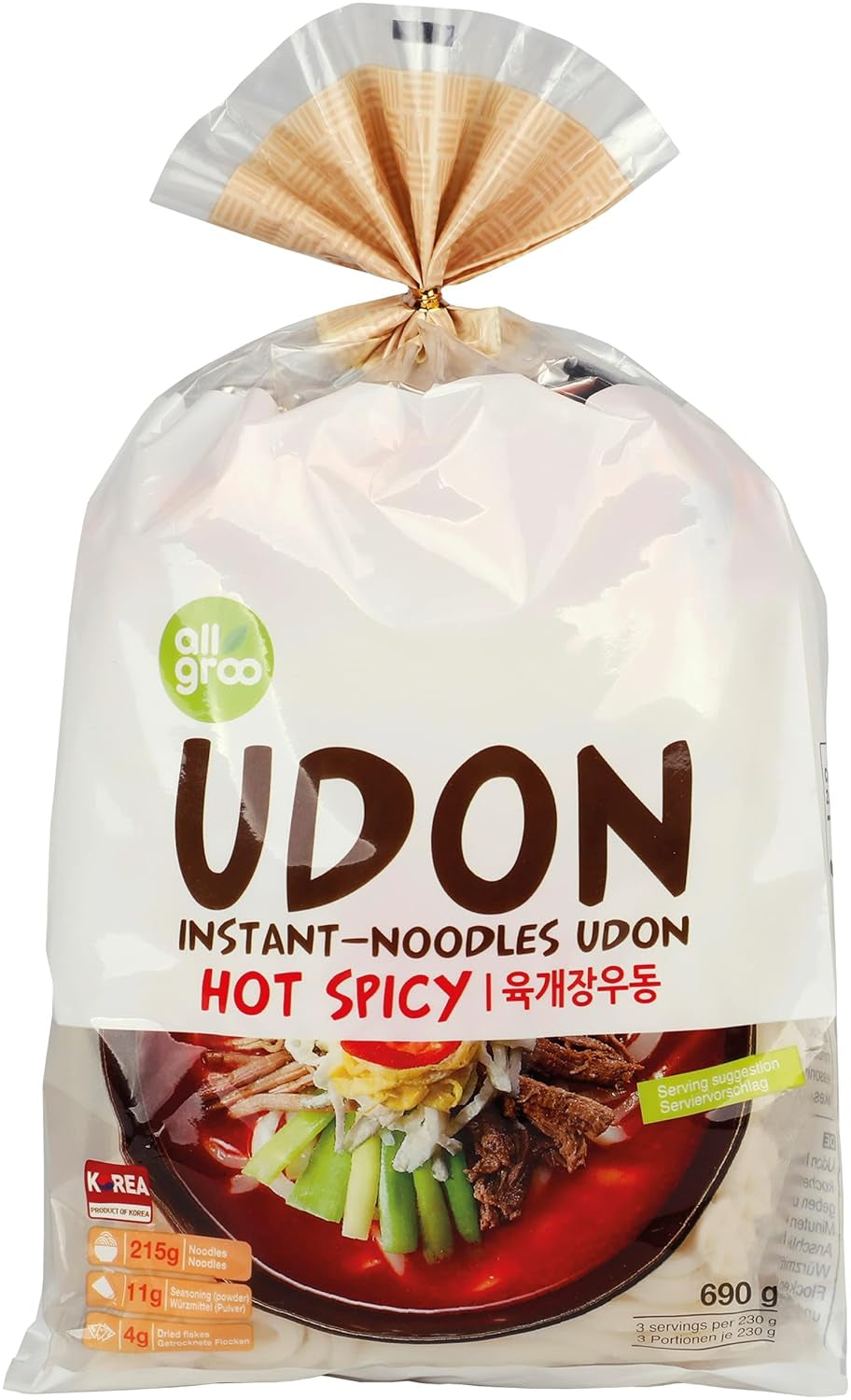Allgroo Udon Instant Noodles - Soupe Udon épicée, préparation rapide - Contient 3 portions - 1 x 690g