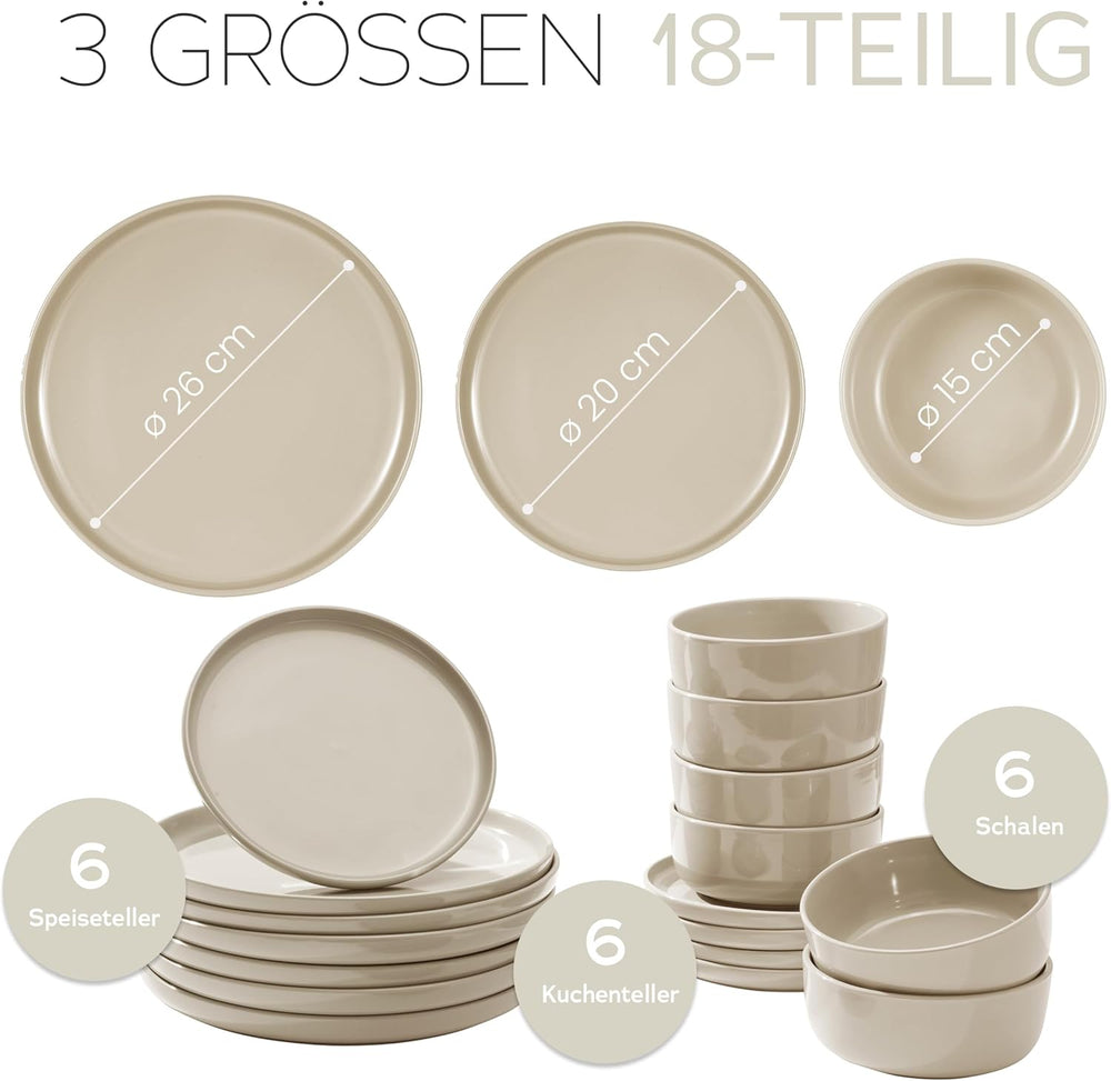 Service de table en grès cérame pour 6, 18 pièces – Plus solide et résistant aux rayures que les assiettes et bols en faïence, beige brillant | L'ensemble de vaisselle comprend 6 assiettes plates, 6 assiettes à dessert et 6 bols -