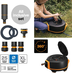 Fiskars Waterwheel XL, Set de udare all-inclusive, Rază totală de acțiune de 25 m, Retragere automată, Furtun de grădină universal (Ø 13 mm), Conector universal pentru robinet, Negru/Portocaliu, Seria X, 1067549