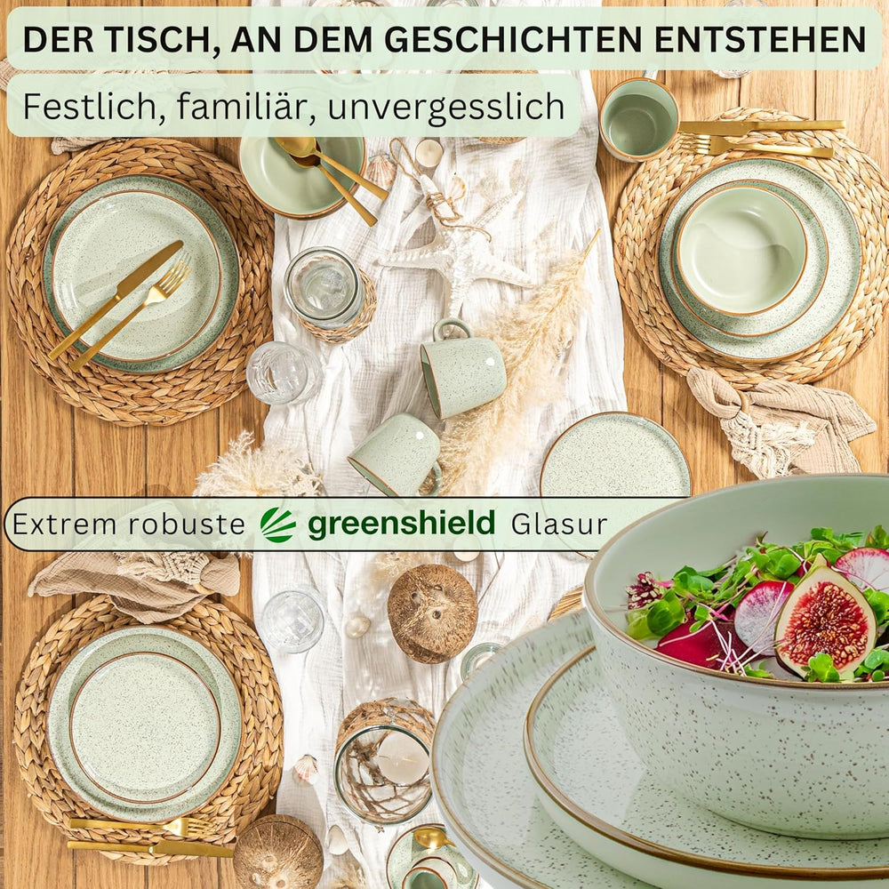SÄNGER Rio Menthe | Service de table en grès pour 6 personnes, 6 assiettes, 6 assiettes à dessert, 6 bols, vert menthe | LA COLLECTION VALEUR