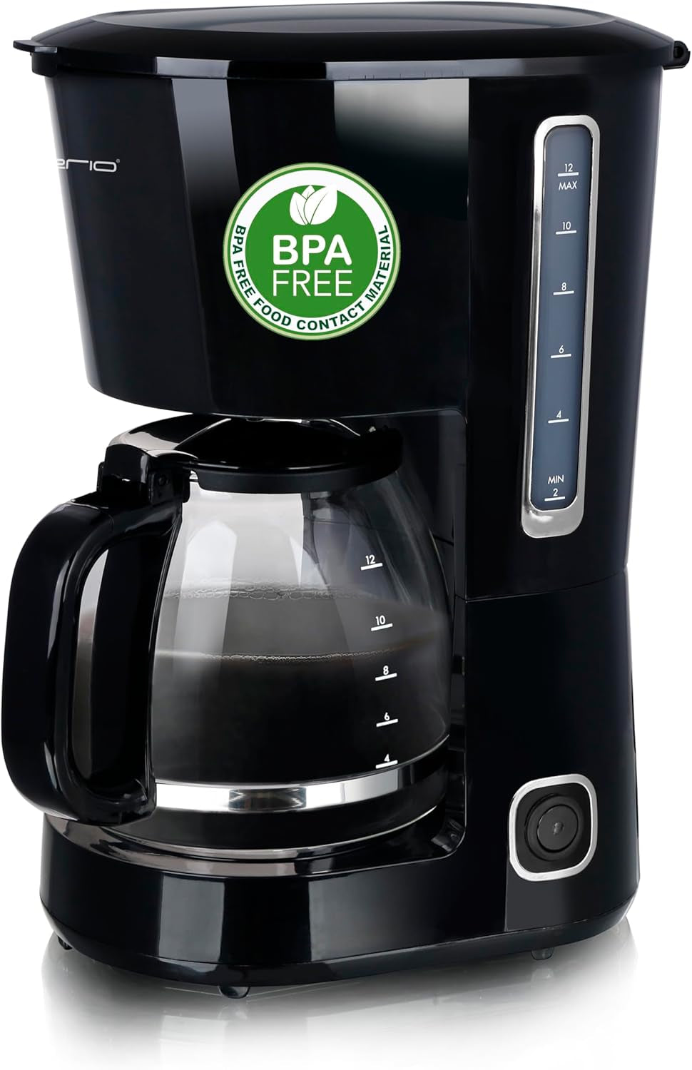 Emerio CME-122933, Cafetière filtre, 1,25 L pour jusqu'à 10 tasses de café frais, filtre amovible permanent, fonction anti-goutte, carafe en verre, arrêt automatique, 1000 watts, noir/argent