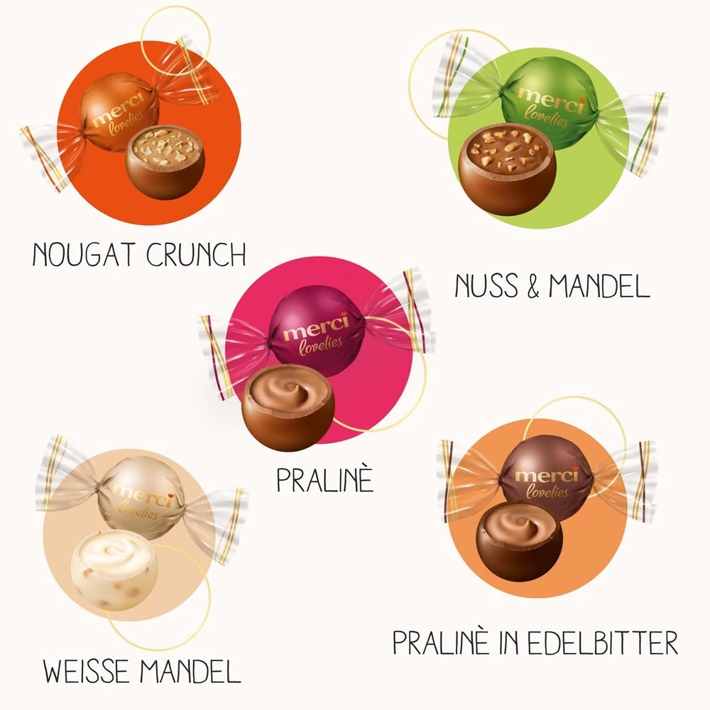 merci lovelies Classic – 1 x 185g – Coffret praliné de 5 spécialités chocolatées fourrées – Boules de chocolat à partager et à offrir