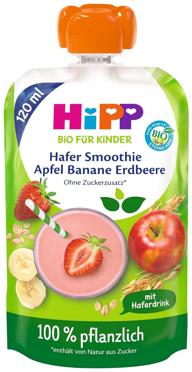 Hipp BIO Smoothie aux pommes, pêches, bananes avec boisson à l'avoine, 120 ml, pack de 6 (6 x 120 ml) Mère et Enfant Naty Shop 6 x 120 ml Bananes, fraises