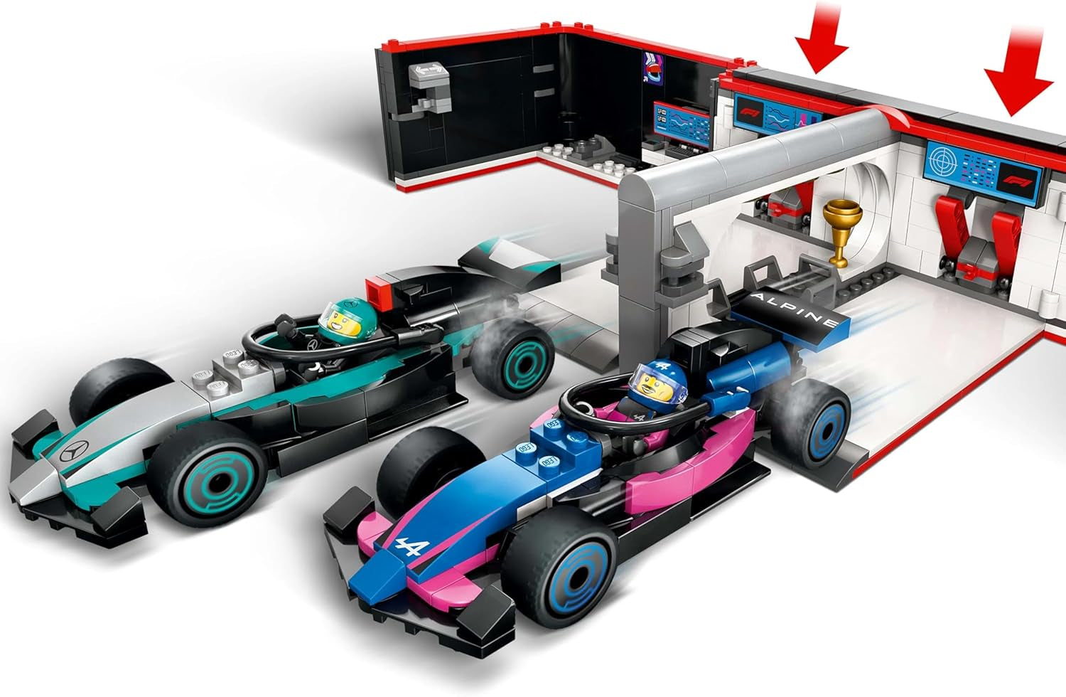 Garage LEGO City F1 avec voitures de course Mercedes-Amg et Alpine - Voiture de course de Formule 1 avec 2 pilotes et 4 figurines mécaniques - Cadeau pour garçons et filles à partir de 7 ans et fans 60444 Besuche den LEGO-Store Building Sets