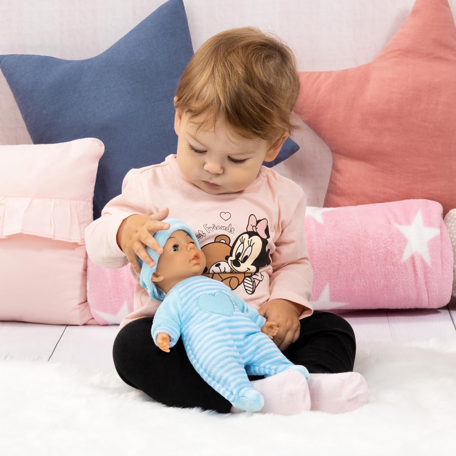 Bayer Design 92802AU My First Baby 28cm, Babypuppe, Weichkörperpuppe mit Schlafaugen, sehr handlich, niedliches Outfit, blau mit Herz