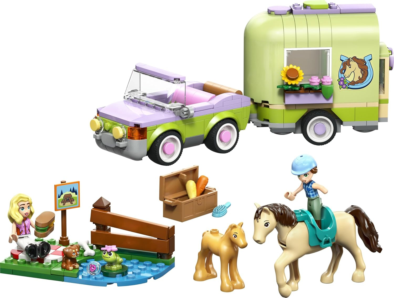 LEGO Friends Pferd and Fohlen mit Pferdeanhänger - Pferde Spielset mit Pflegezubehör, 4 Tierfiguren, Auto & 2 Mini Puppen - Geschenkeidee zum Geburtstag für Mädchen ab 7 Jahren - 42695