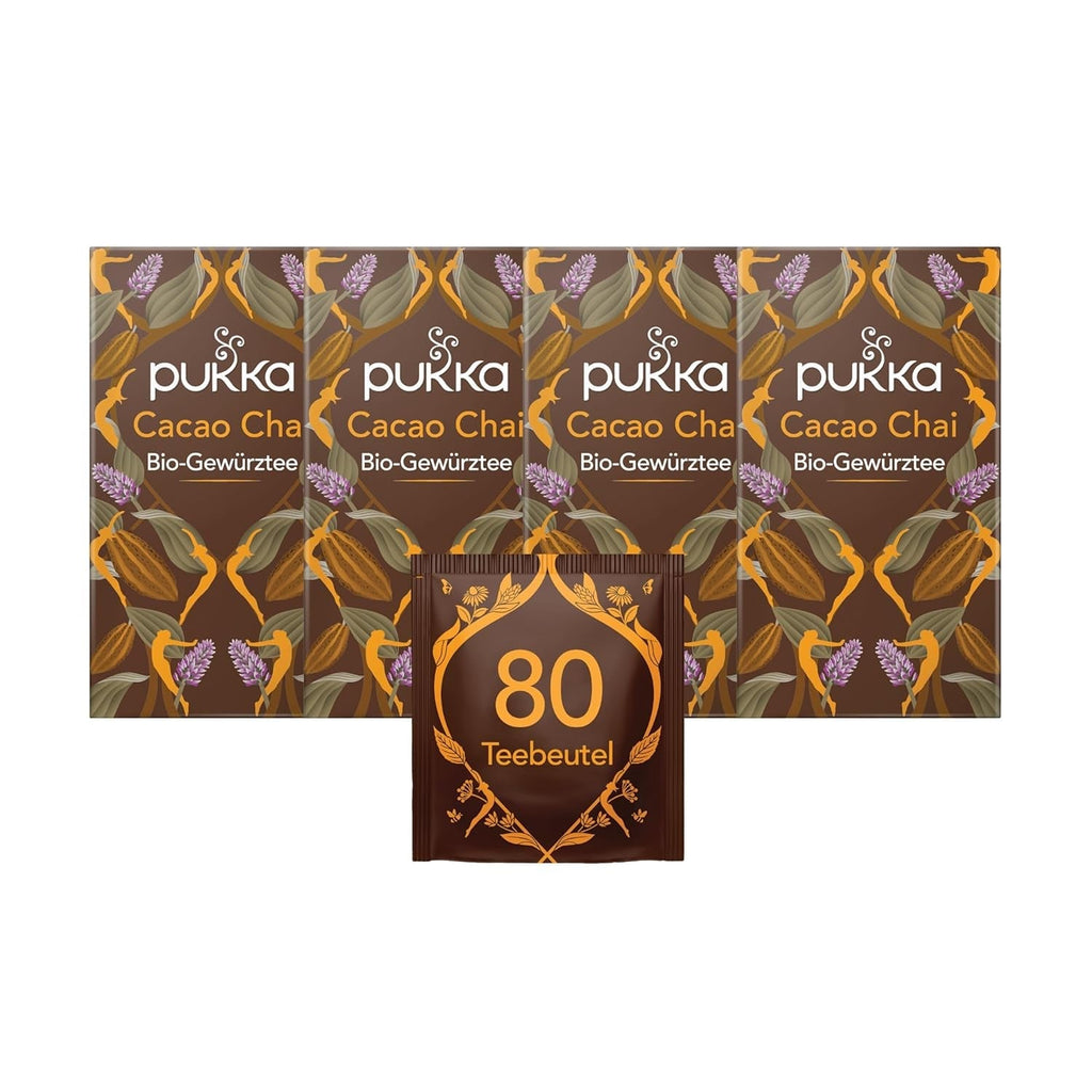 Set de ceai Pukka, ceai cu condimente bio „Cacao Chai”, cacao, scorțișoară, cardamom, rădăcină de cicoare, pentru momente de relaxare, pachet de 4, 80 pliculețe de ceai