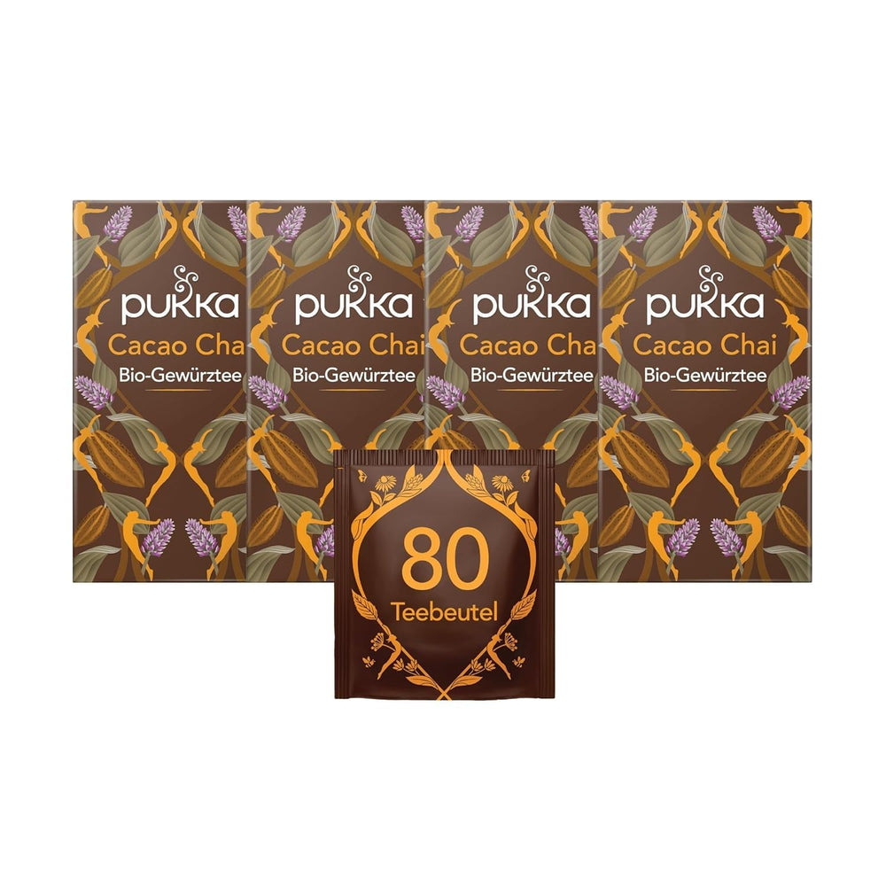 Set de ceai Pukka, ceai cu condimente bio „Cacao Chai”, cacao, scorțișoară, cardamom, rădăcină de cicoare, pentru momente de relaxare, pachet de 4, 80 pliculețe de ceai