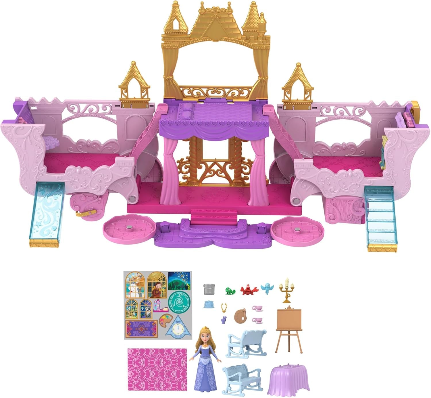 Mattel Disney Prinzessin Verwandlungs-Spielset Kutsche zu Schloss mit kleiner Puppe Aurora, 3 Ebenen, 6 Spielbereichen, 4 Figuren, Möbeln & Zubehör HWX17