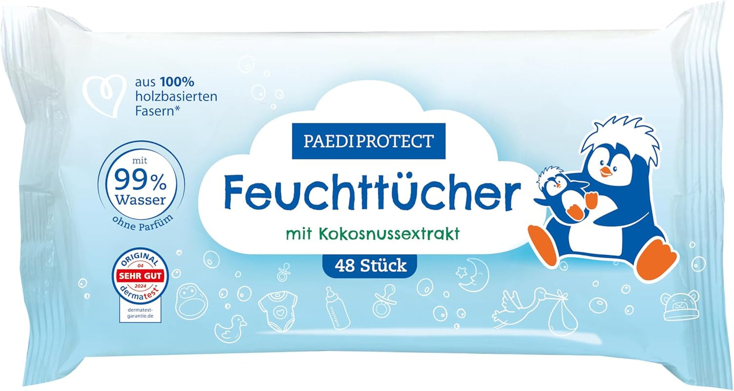 PAEDIPROTECT Lingettes humides pour bébé 1 x 10 pièces Lingettes humides à l'eau pour bébé sensible 99 % d'eau sans parfum Bébé et enfants Peau délicate Extrait de noix de coco Sans microplastique végétalien (paquet de 5)