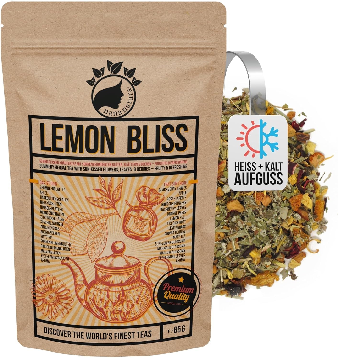 Nananatura'S Original LEMON BLISS TEA 85G | Ceai de plante de vară fructat și răcoritor | Ca ceai rece, ceai rece sau clasic fierbinte | Cu flori, frunze și fructe de pădure coapte la soare | Fără zahăr