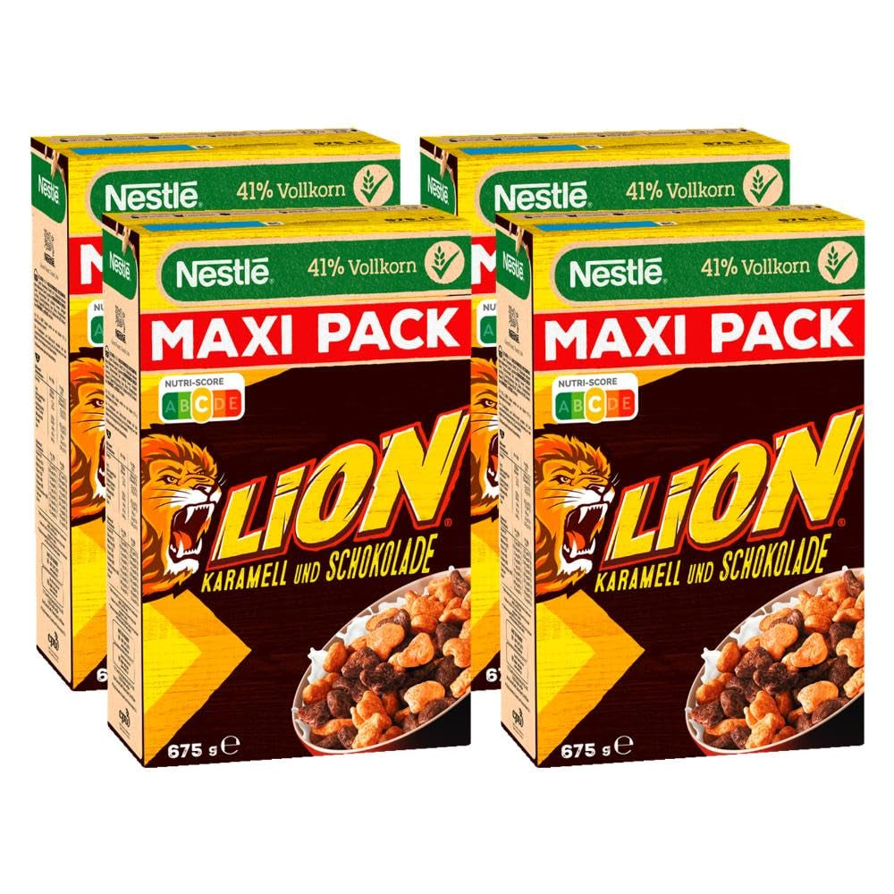 Nestlé Lion Céréales, Flocons de maïs aromatisés au chocolat et au caramel, 41 % de grains entiers vitaux, vitamines et minéraux, flocons croquants, paquet Maxi Value, paquet de 4 (4 x 675 g)