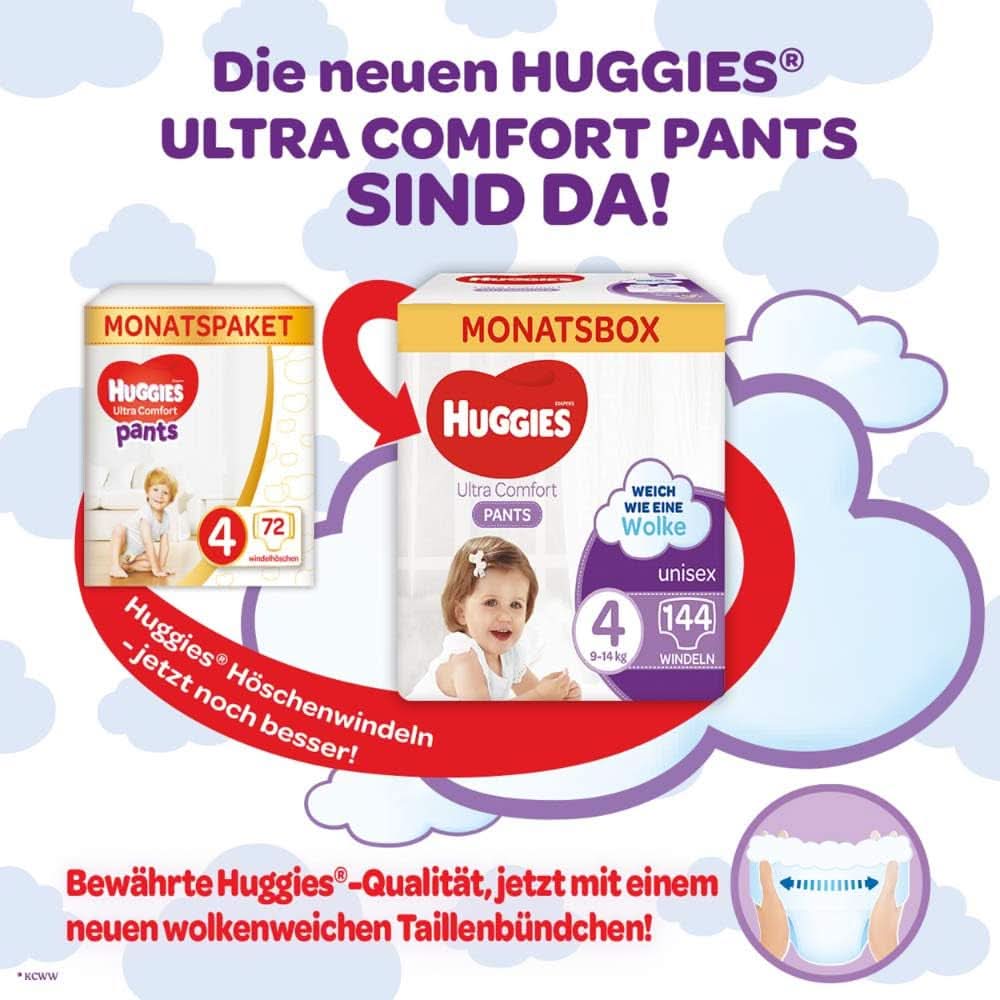 Pantalon Huggies Ultra Comfort taille 4, 9-14 kg, Pour les enfants actifs, Avec indicateur d'humidité et technologie de ceinture nuageuse, 144 couches Mère et Enfant Naty Shop