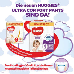 Pantalon Huggies Ultra Comfort taille 4, 9-14 kg, Pour les enfants actifs, Avec indicateur d'humidité et technologie de ceinture nuageuse, 144 couches Mère et Enfant Naty Shop