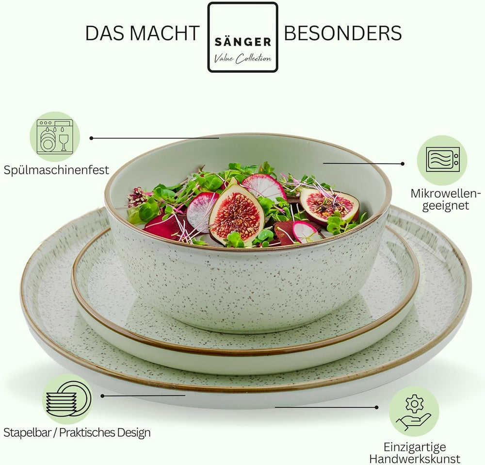 SÄNGER Rio Menthe | Service de table en grès pour 6 personnes, 6 assiettes, 6 assiettes à dessert, 6 bols, vert menthe | LA COLLECTION VALEUR