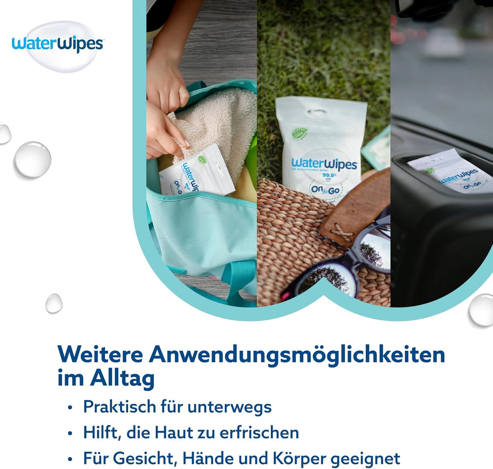 Lingettes humides WaterWipes Sensitive+ On The Go, 100 lingettes (paquet de 10), 3 en 1 nettoie, soigne, protège, 99,9 % d'eau, lingettes sans parfum