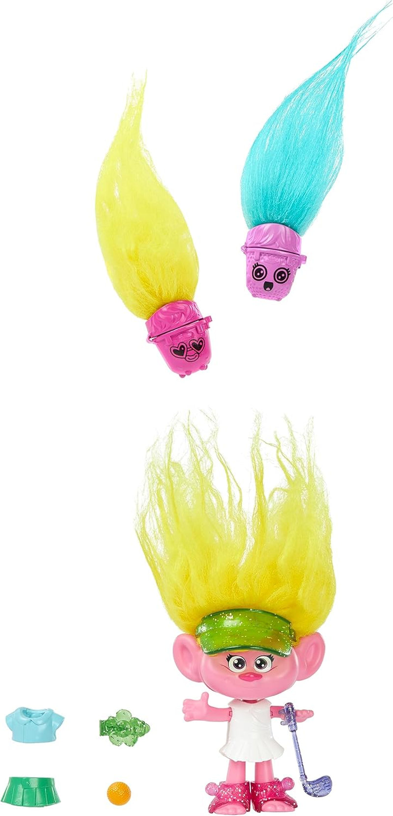Mattel DREAMWORKS TROLLS Gemeinsam Stark – Haarige Überraschungen Poppy Königin Poppy, Viva, Branch et Guy Diamond Plüschhaar, 2 Haarige Überraschungen, Zubehör, für Kinder ab 3 Jahren, HNF10
