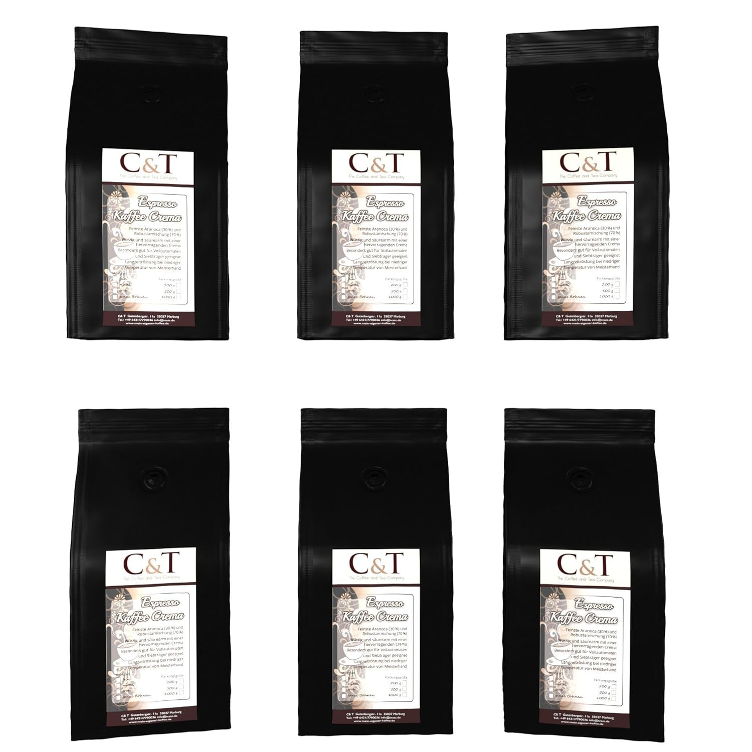 Café en grains Espresso / Café Crema 6 x 1000g fraîchement torréfiés