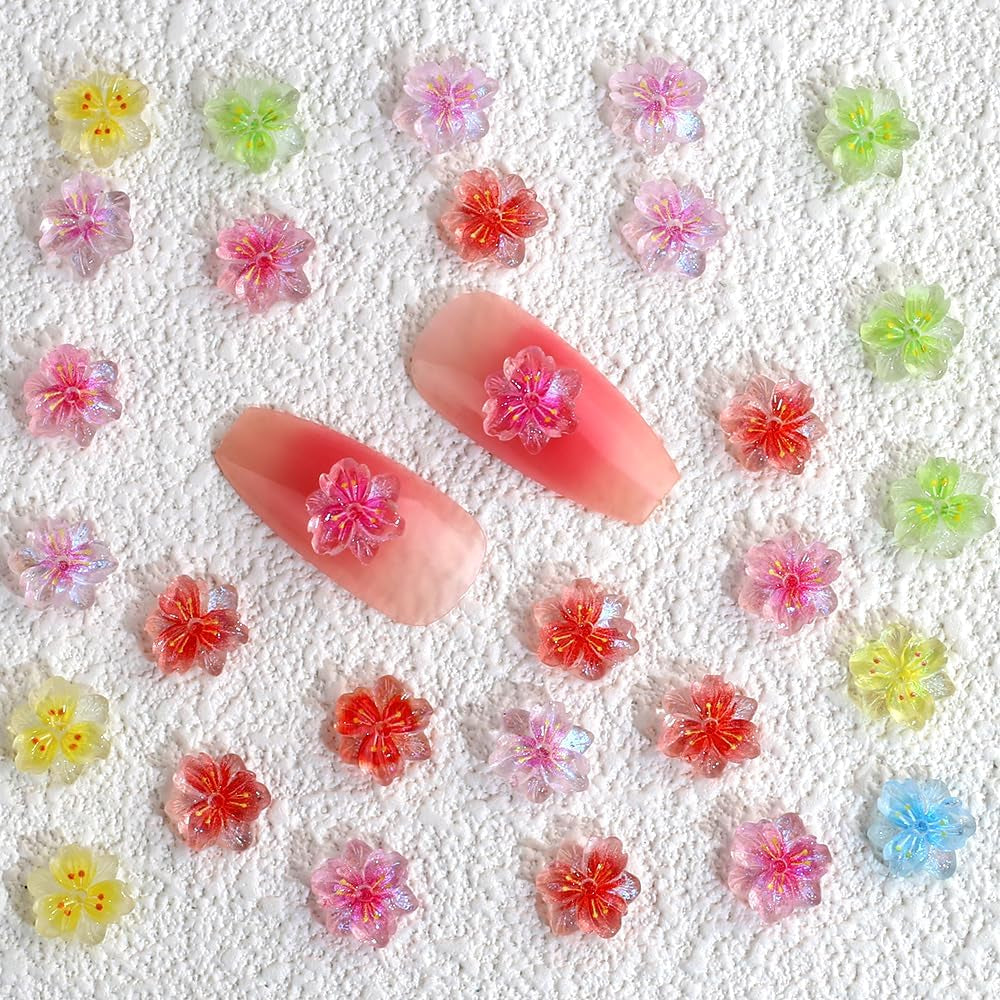 50Pcs 3D Blume Nagel Charms Nägel Zubehör Nageldesign Glitzersteine ​​​​Nailart Strasssteine ​​​​Fleur Nail Charms Lumineux Fleur Nail Art Charms Bunte Blumen Deko Nagel Steinchen Fleurs Nail Strass