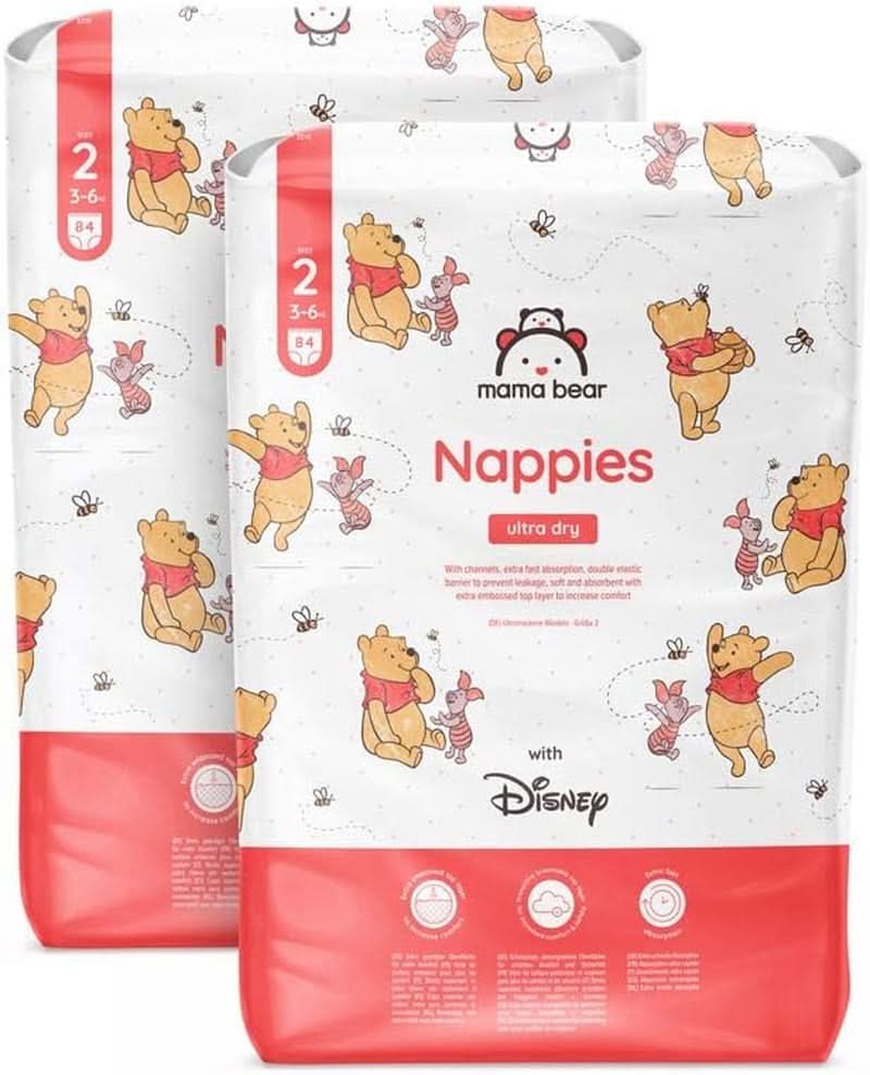 Couches Mama Bear Disney Ultra Dry taille 4 (8-14 kg), blanches, 84 pièces (1 paquet) Naty Shop taille 2 (3-6 kg) paquet mensuel