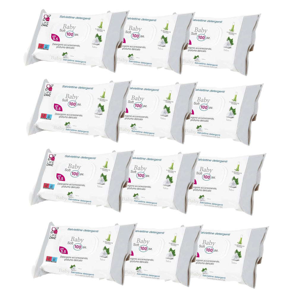 Lingettes pour bébé avec talc pour peaux sensibles, sans alcool, respectueuses de la peau, pH 5,5, légèrement parfumées, 1200 unités (paquet de 12)