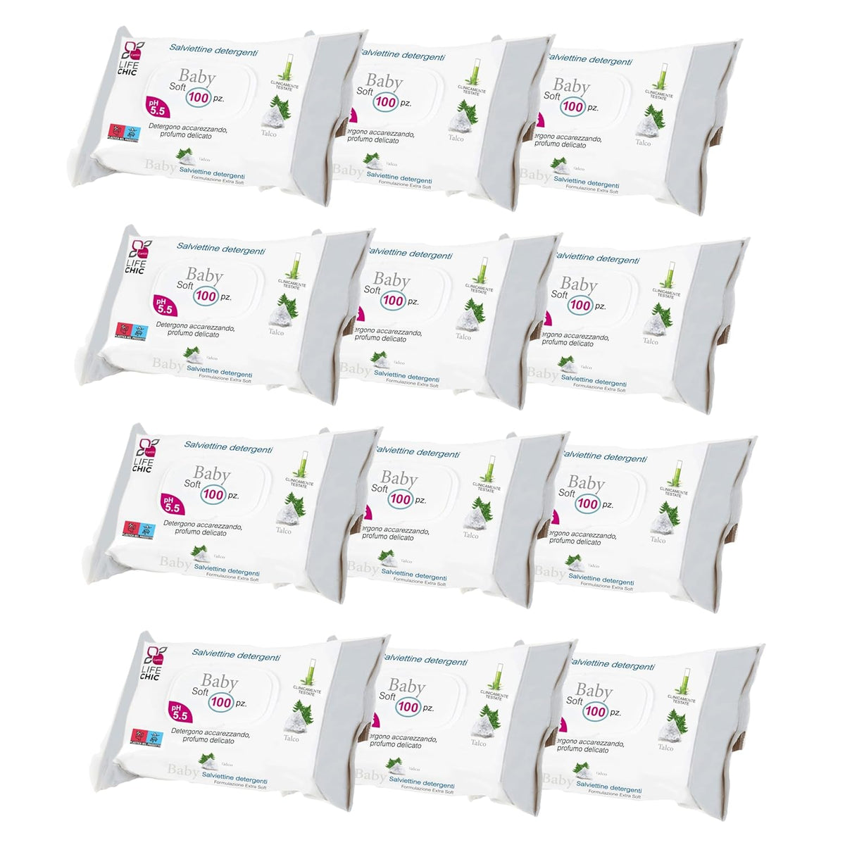 Lingettes pour bébé avec talc pour peaux sensibles, sans alcool, respectueuses de la peau, pH 5,5, légèrement parfumées, 1200 unités (paquet de 12)