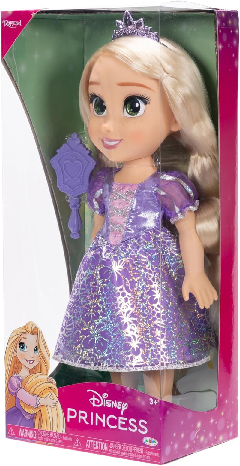 Poupée Disney Princesse Raiponce 35 cm, yeux réfléchissants à paillettes, articulations mobiles, robe amovible, chaussures, couronne, longs cheveux blonds, pour filles à partir de 3 ans