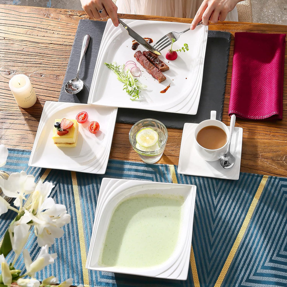 MALACASA, Série Monica, Service de table pour 12 personnes, Porcelaine blanc-crème, Service combiné avec 12 tasses à café, 12 soucoupes, 12 assiettes à dessert, 12 assiettes plates et 12 assiettes plates