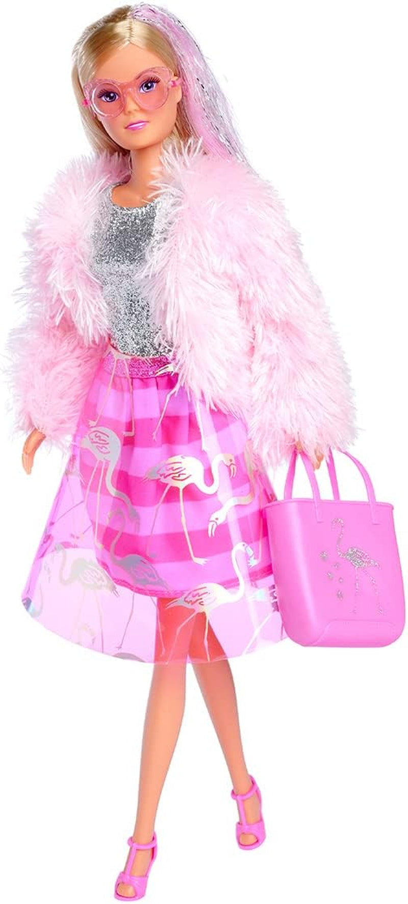 Simba Love Flamingo, Poupée de cheville dans une tenue moderne, Felljacke, Glitzerrock et Handtasche, Poupée 29 cm, à partir de 3 ans, 105733559