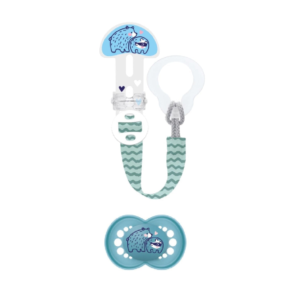 MAMAN | Sucette et chaîne de tétine, 6 mois et plus, sélection de couleurs aléatoires, anatomique, symétrique, en silicone, lavable, longueur réglable, compatible avec tous types de tétines