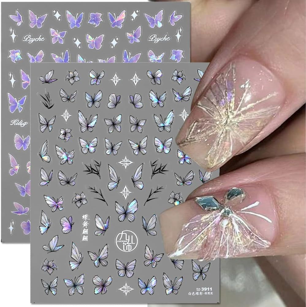2 Blätter Schmetterling Nagelsticker Selbstklebend,Muschel Glitzer Nail Art Butterfly Nail Sticker Lila Grau Schmetterlinge Nagelaufkleber Relief Laser Papillons Nagel Sticker Nageldesign Zubehör