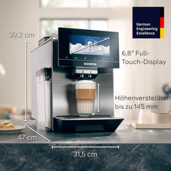 Machine à expresso automatique Siemens EQ900, grand écran couleur TFT, 2 réservoirs à grains, 36 boissons chaudes et froides, café froid, super silencieux, fonction deux tasses, contrôle par application, acier inoxydable, TQ907D03