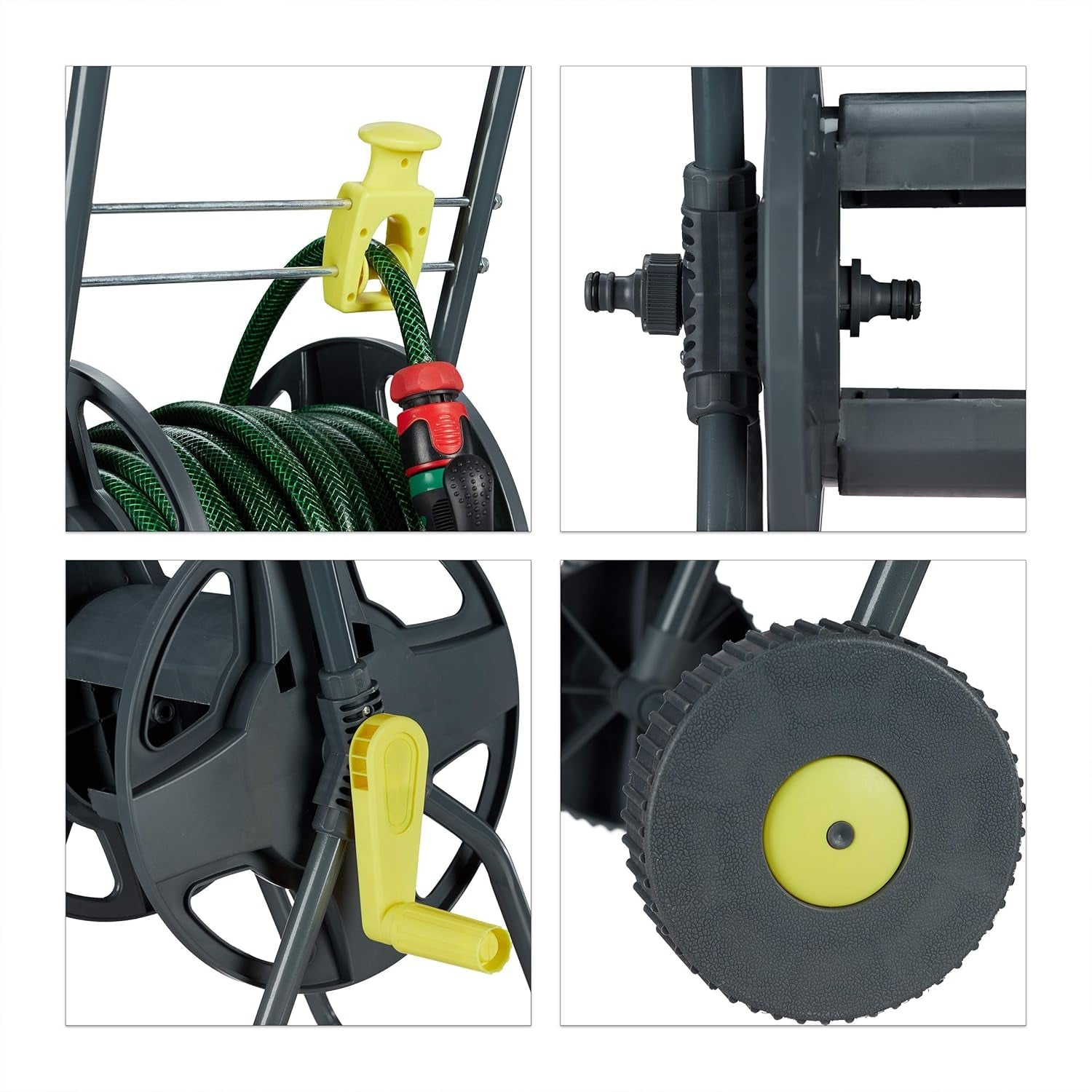 Cărucior furtun Relaxdays 45m, rolă mobilă pentru furtun de grădină și balcon, cu ghidaj pentru furtun, 76,5x44x41 cm, gri-galben