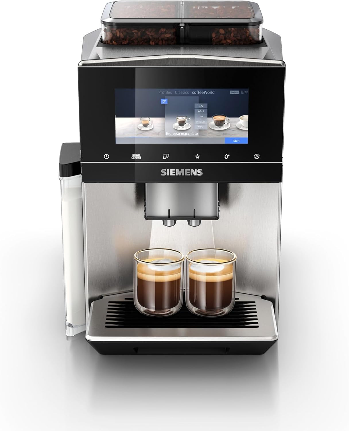Machine à expresso automatique Siemens EQ900, grand écran couleur TFT, 2 réservoirs à grains, 36 boissons chaudes et froides, café froid, super silencieux, fonction deux tasses, contrôle par application, acier inoxydable, TQ907D03