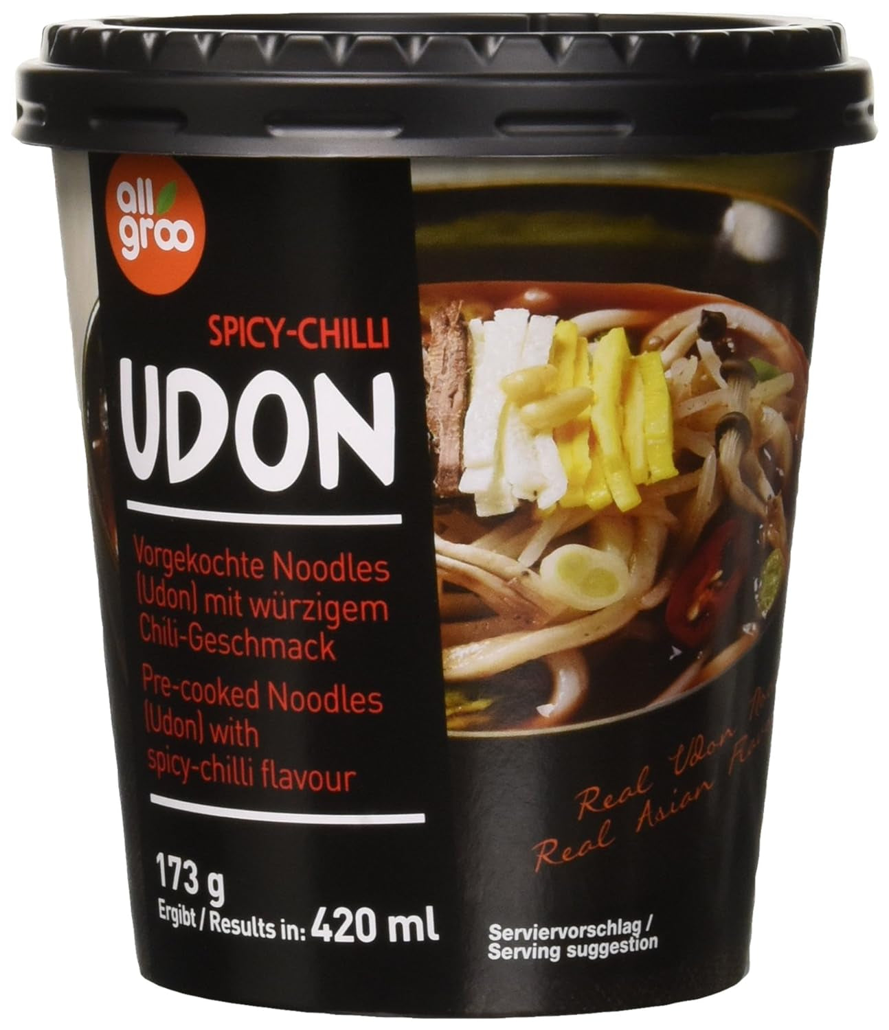 Allgroo Udon Cup Nouilles instantanées – Soupe Udon épicée aux fruits de mer savoureuse – Préparation rapide (1 x 173 g)