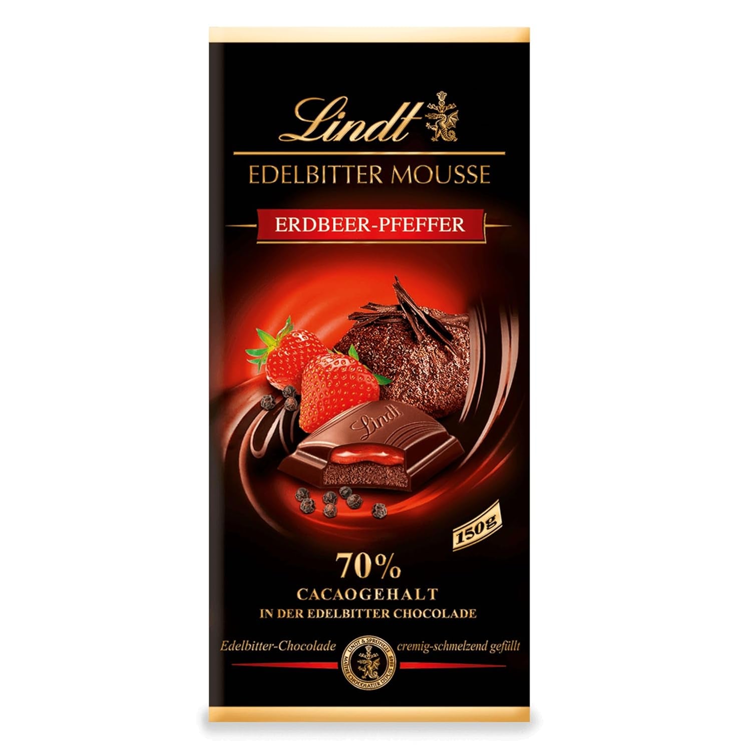 Mousse au chocolat noir Lindt avec piment et cerises | Barre 150g | Avec 70% de cacao et garniture de mousse au chocolat noir et piment cerise | Barre de chocolat | Chocolat noir