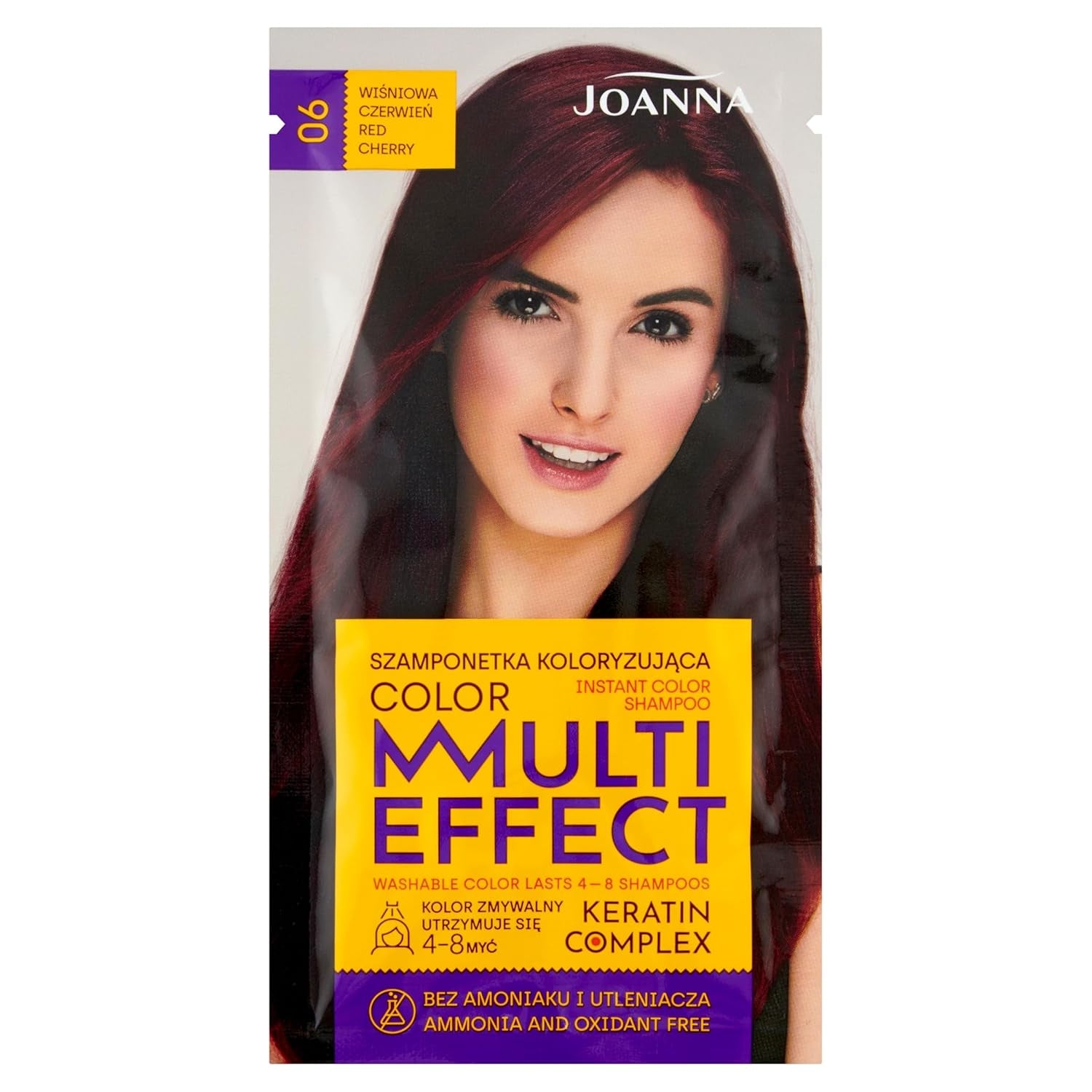 Șampon colorant Joanna "Multi Effect" - Șampon colorant pentru păr într-un plic - Rezistă între 4 și 8 spălări - Colorarea părului fără amoniac și agenți oxidanți - Cappuccino aromat Vopsea pentru par Naty Shop Roșu cireș