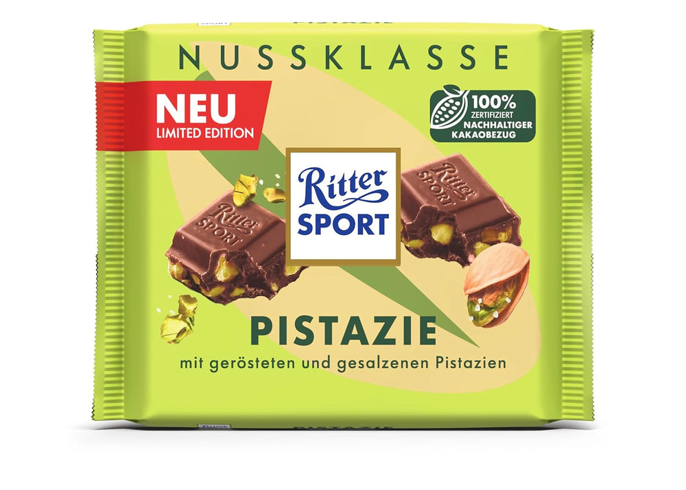 Ritter Sport Pistache, chocolat au lait avec de fins morceaux de pistache, un classique du chocolat, parfait pour grignoter et déguster, une belle idée cadeau, 12 barres x 100g