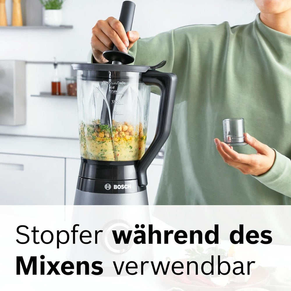 Bosch Batteur sur socle Vitapower Serie 4 MMB6172S, Edelstahl-Klingen, 1,5L Thermosafe Glasbehälter, Stopfer, Spülmaschinengeeignete Teile, 30 000 U/Min, 1200 W, Argent Mère et Enfant Naty Shop