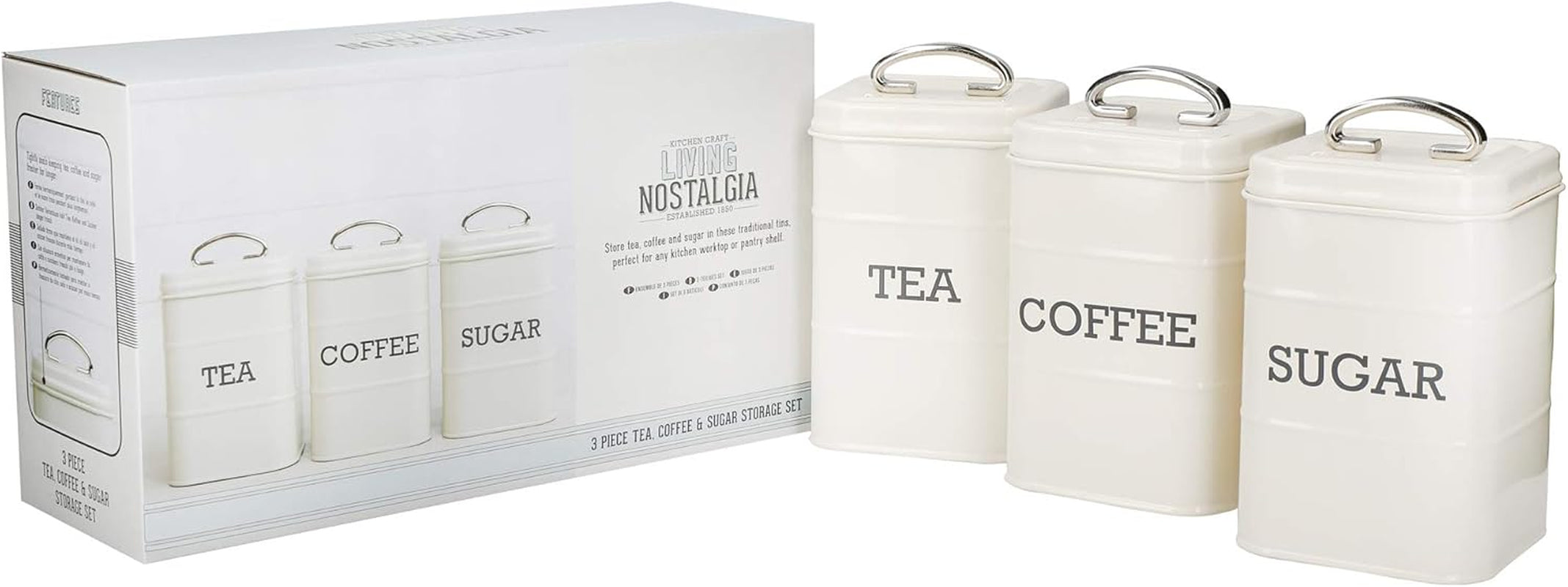 KitchenCraft Living Nostalgia Lot de 3 pots de conservation pour thé, sucre et café dans une boîte cadeau, acier, crème antique, 11 cm x 11 cm x 17 cm, boîtes de conservation alimentaires bleues vintage Naty Shop