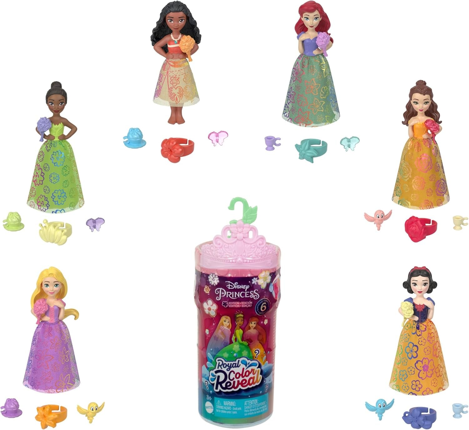 Mattel Disney Princess Royal Color Reveal Petite poupée avec 6 surprises, y compris une bague parfumée et 4 accessoires (les poupées peuvent varier), série Garden Party HRN63