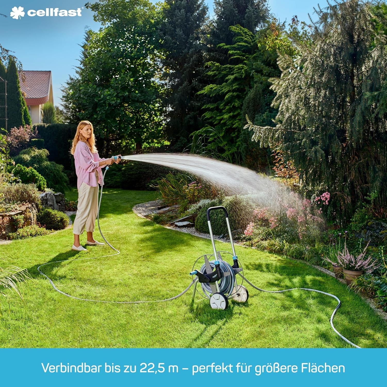 Furtun de irigații Cellfast SPRING, furtun de irigații cu trei canale și conectori completi, fabricat din fire de înaltă calitate, rezistent la UV, 15 m, 1/2 inch, 19-022, multicolor, 38x38x8 cm