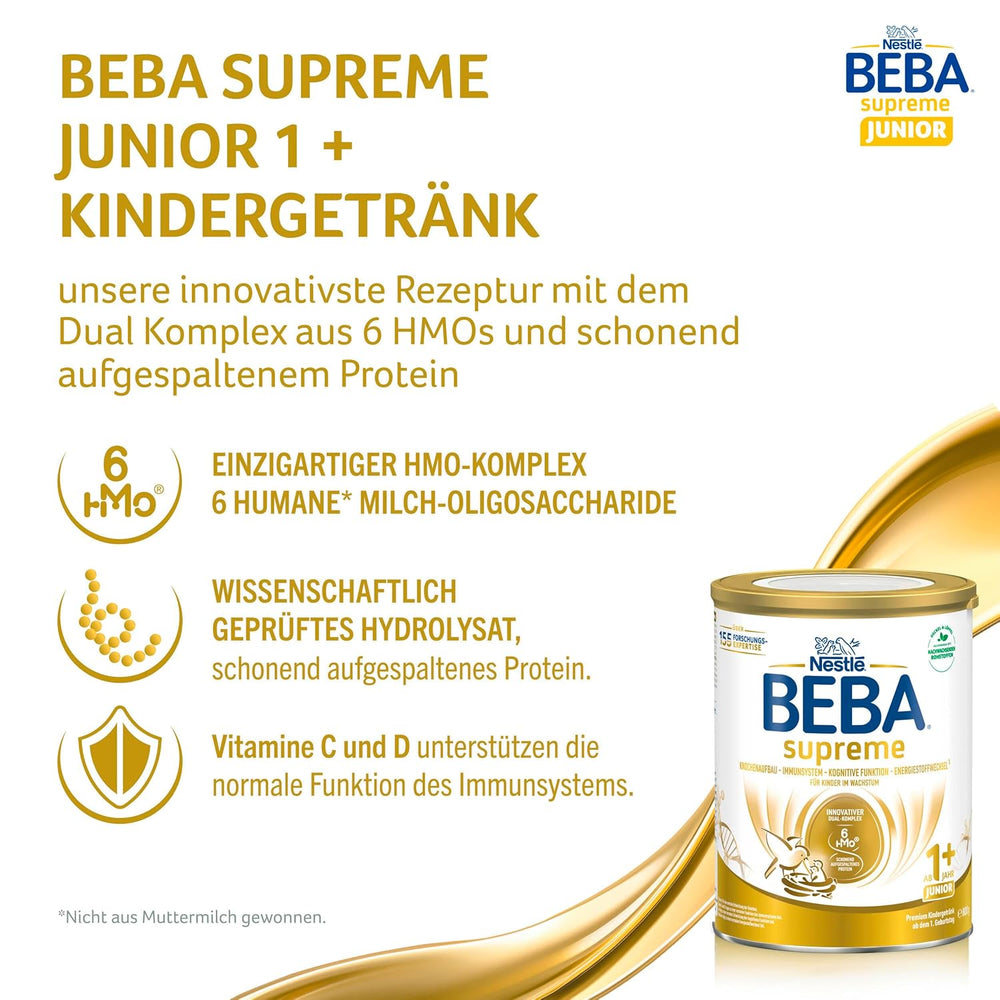 BEBA SUPREME JUNIOR 1 Plus - Boisson pour enfants à partir de 1 an, au complexe 6 HMO, sans lactose, sans huile de palme, sans huile de poisson, nourriture pour petits enfants, lait en poudre pour bébé, pack de 6 (6 x 800g)