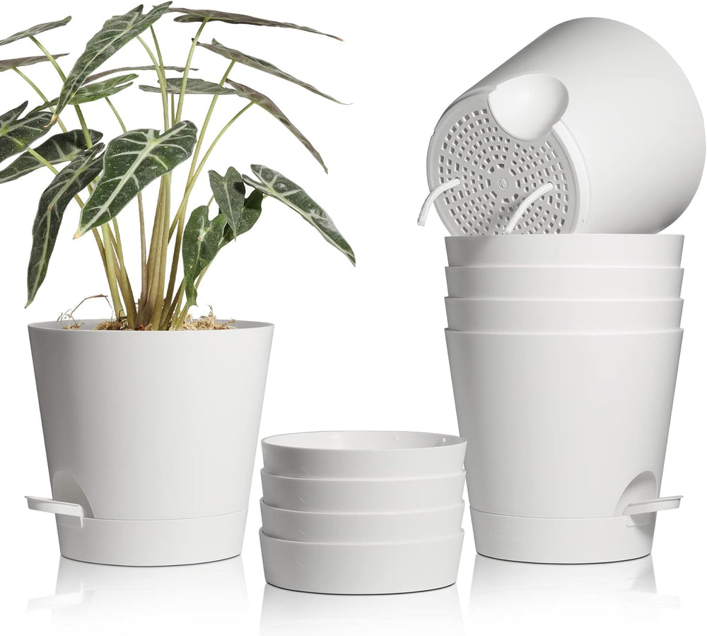 T4U Pots de fleurs en plastique de 14 cm avec système d'arrosage, lot de 6 pots de fleurs et soucoupes à arrosage automatique, pots ronds pour plantes de jardin de balcon intérieur, plantes grasses, cactus, blanc