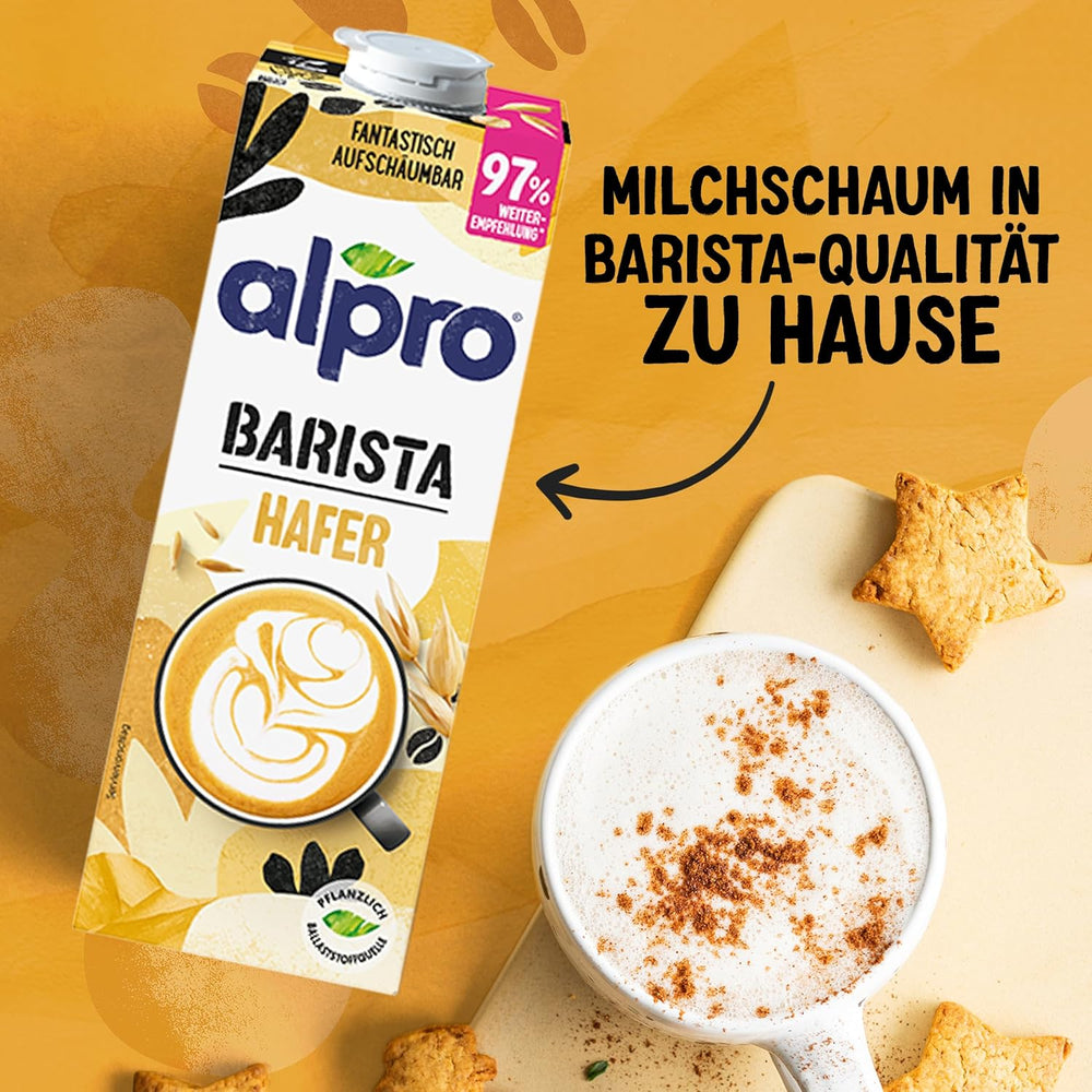 Alpro Barista Haferdrink – Zum Aufschäumen – Vegan et milchfrei – Von Natur aus lactosefrei – Riche en substances de ballast, calcium et vitamines – 8 x 1 L – Haltbar