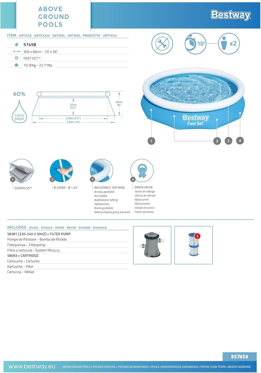 Piscină gonflabilă Bestway 305 x 66 cm albastră 3200 L