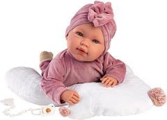 Llorens 1017418 Puppe Lala, aux yeux bleus et au corps doux, Babypuppe inkl. Tenue, sucette, Schnullerkette et Stützkissen, 42 cm
