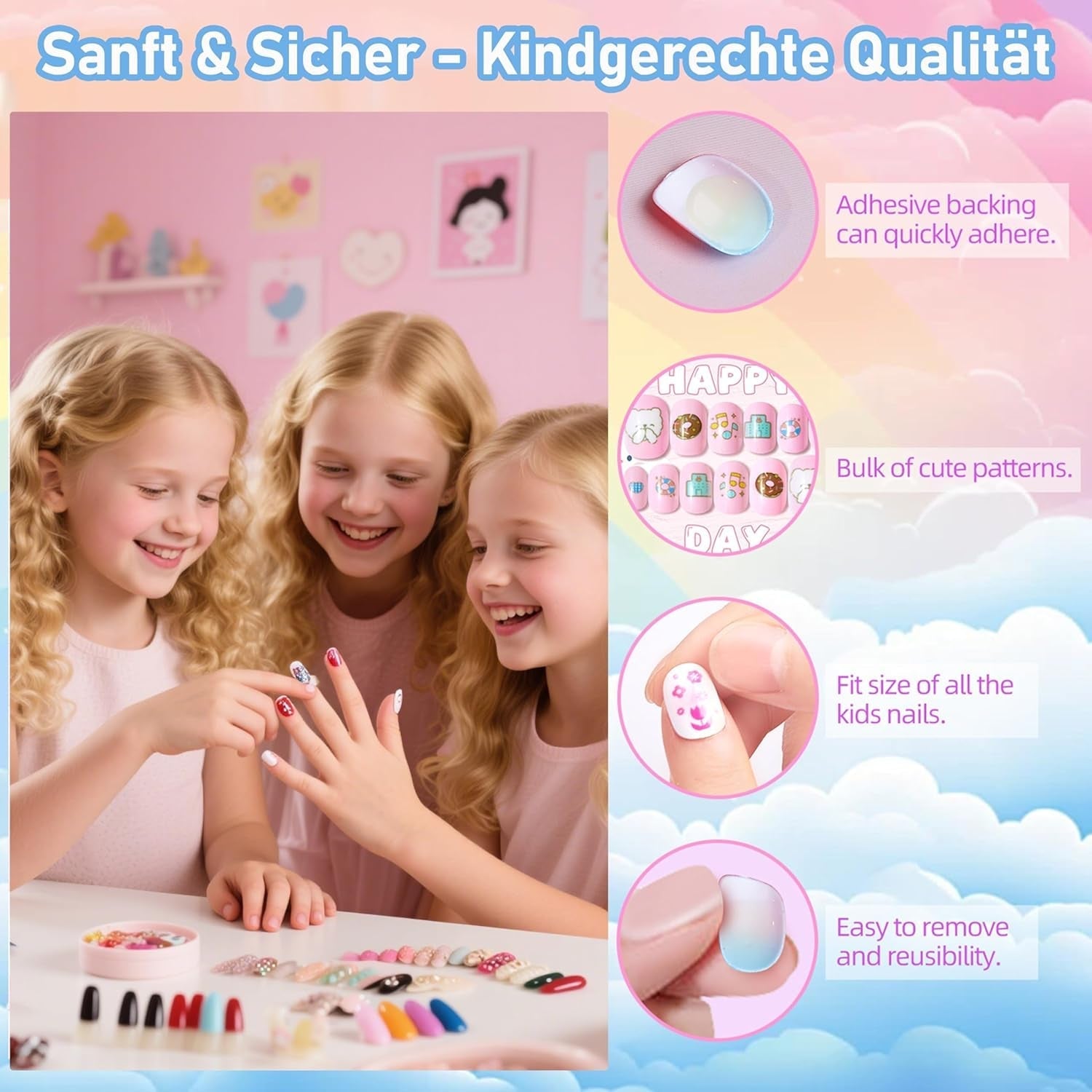 Ensemble de faux ongles – 120 pièces d'ongles autocollants pour enfants avec colle à ongles, ensemble d'ongles artificiels autocollants à couverture complète, faux ongles pour filles avec petites mains (couleur A, 120X)